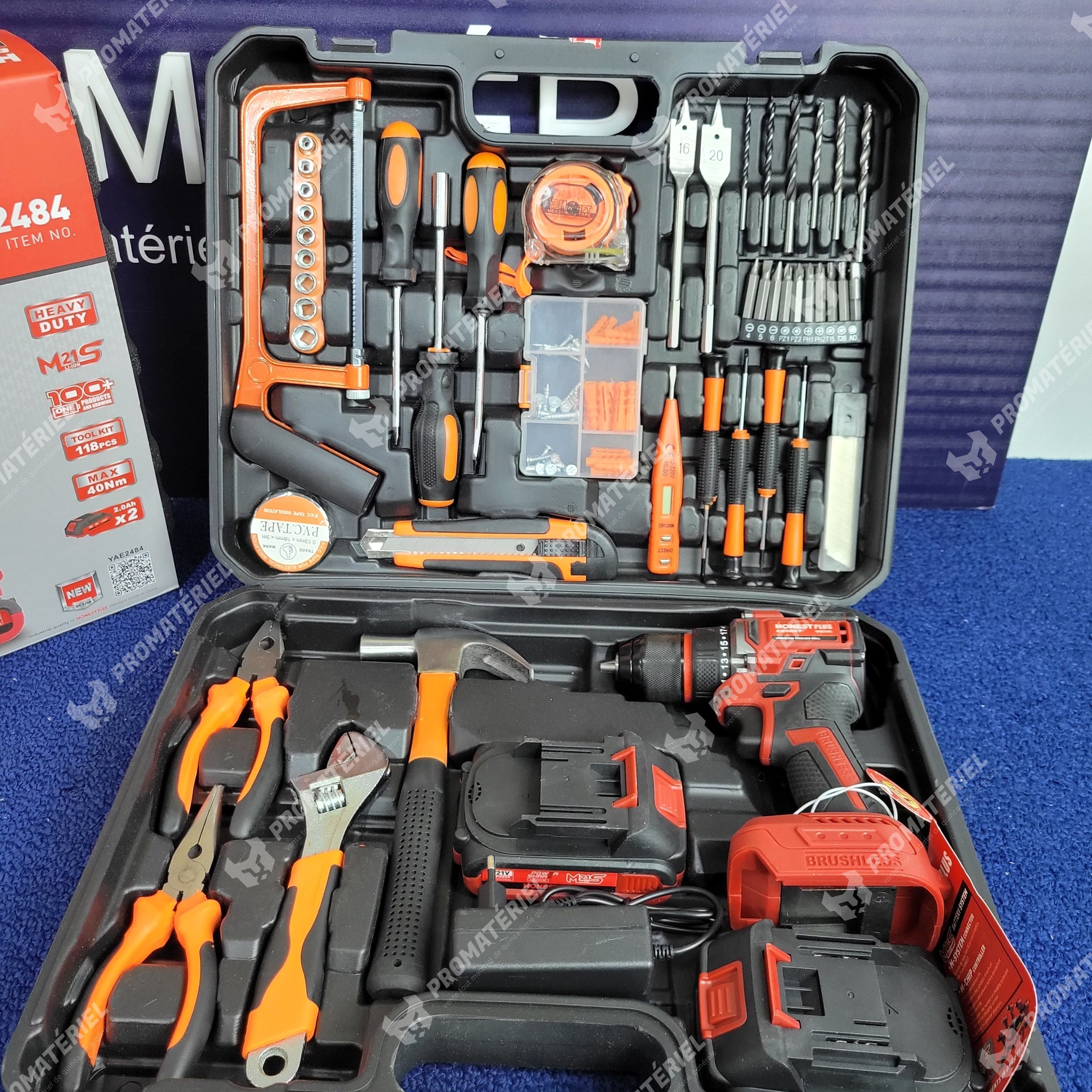 HONESTPLUS - Perceuse brushless + kit outils 118 pcs