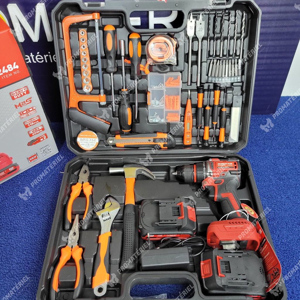 HONESTPLUS - Perceuse brushless + kit outils 118 pcs