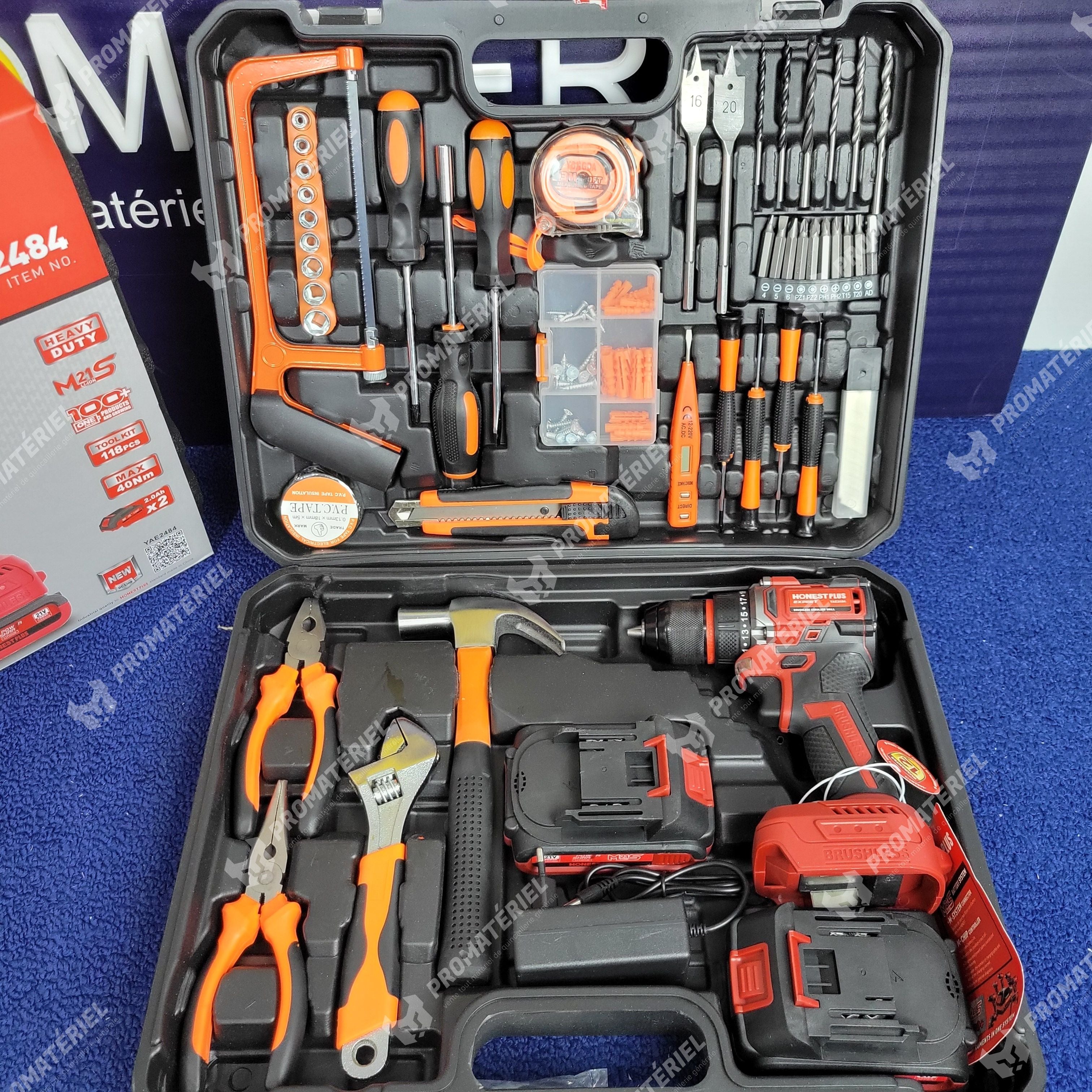 HONESTPLUS - Perceuse brushless + kit outils 118 pcs
