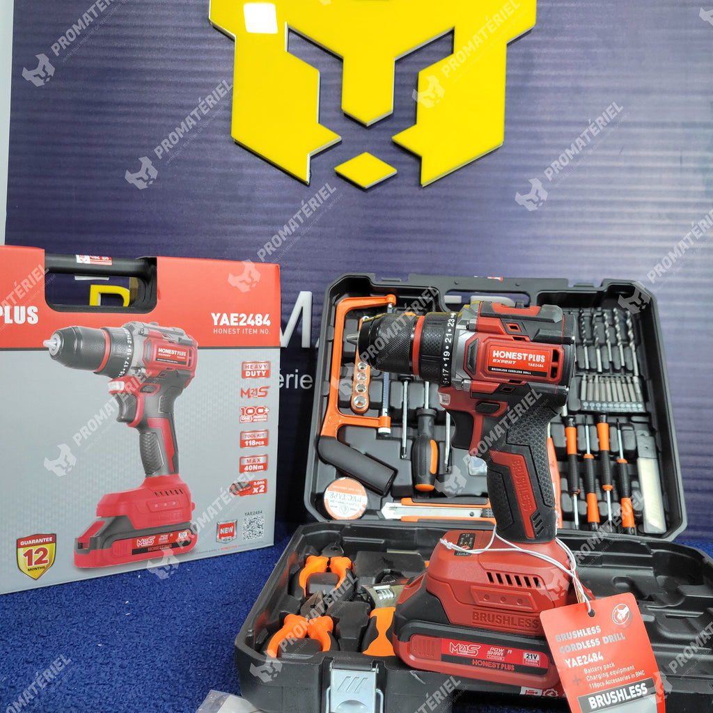 HONESTPLUS - Perceuse brushless + kit outils 118 pcs